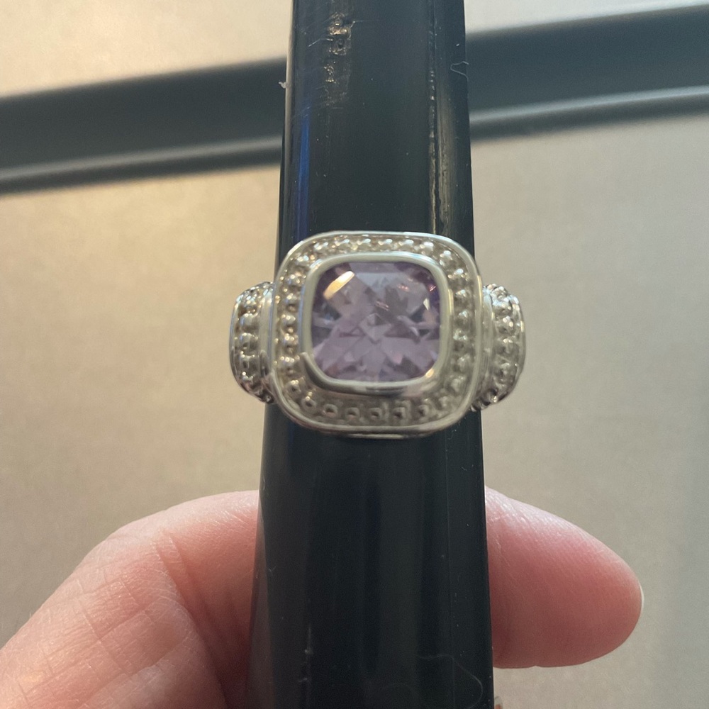 Silver Simulated Amethyst Statement Ring - Size 8… - image 2
